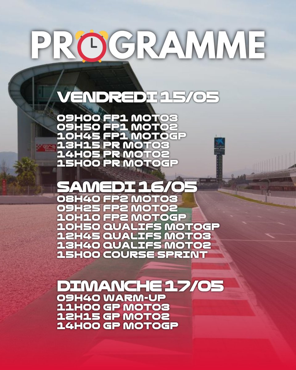 WGP_Magazine's tweet photo. RACE WEEK / #6 - Catalogne 🇪🇸

Un semaine après le Grand Prix de France, place à Barcelone ! En l'absence de son frère, Alex Márquez arrivera-t-il à réitérer son exploit de l'an passé ?

Pour ne rien louper des séances et être à l'heure, demandez le programme ! ⏰️
#CatalanGP https://t.co/sAOhbIzHbq