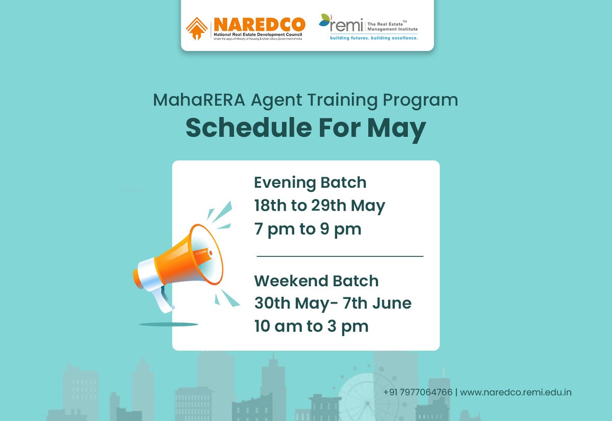 REMInstitute's tweet photo. New Batch added! 🗓️

Enrol now for the MahaRERA Agent Training program.

👉 https://t.co/TTauyml5yq

📞 Call: +91 9082096009 / +91 7977004820

#MahaRERAAgentTraining #RealEstateAgent #NAREDCOREMI #REMInstitute https://t.co/Xn2MhvsrFH