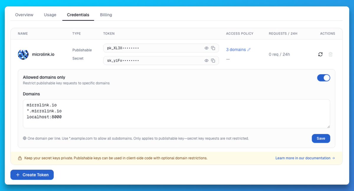 microlinkhq's tweet photo. Publishable keys are now available on https://t.co/18TeGiKpn3 

You can authenticate avatar requests directly from the frontend, no backend required. https://t.co/hWou5ZCtsn