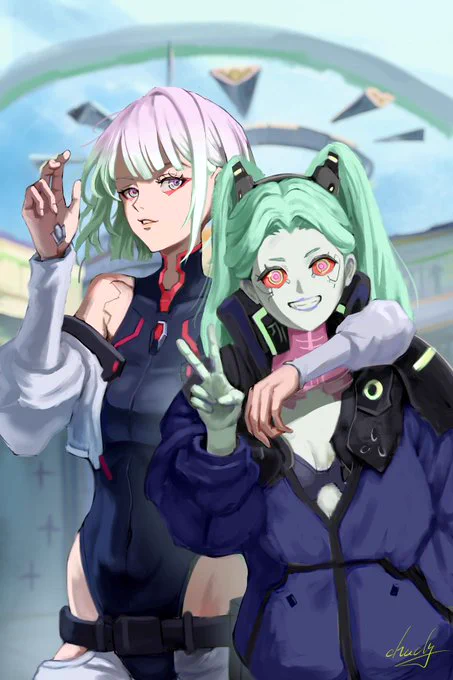 Digital painting of Rebecca and Lucy from Cyberpunk: Edgerunners looking towards the viewer. Lucy stands with her arm over Rebecca’s shoulder, with the other raised up to show her monowire implant. Rebecca makes a peace sign with her right hand and smiles widely. Artist’s signature, chucky, is penned in the bottom right corner.