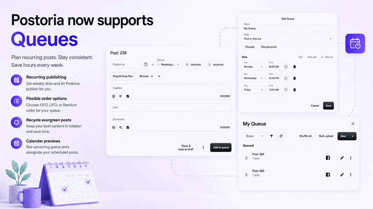 PostoriaApp's tweet photo. Postoria now supports Queues: plan recurring social posts faster, add evergreen content, reorder or shuffle posts, recycle content, and preview upcoming slots in the calendar.

https://t.co/8svJsDH204

#ContentPlanning #SocialMediaScheduler https://t.co/B8AFWRmHPV