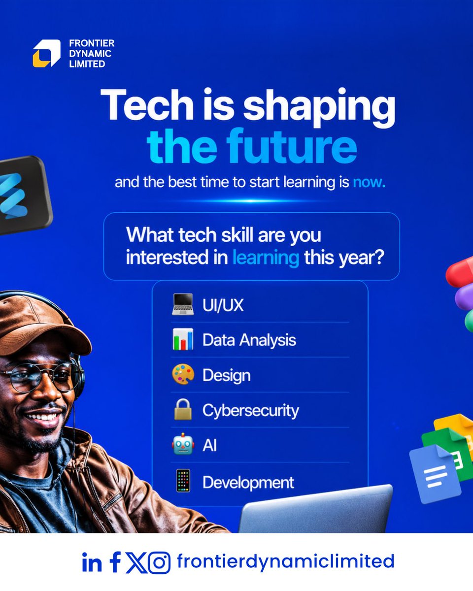 dynamic31553's tweet photo. Tech is shaping the future and the best time to start learning is now 

What tech skill are you interested in learning this year ? 

#frontierdynamiclimited #fdl #fdt #fda #tech https://t.co/7Bjt3TtKal
