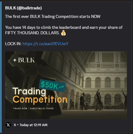 coledotbuild's tweet photo. If you've been looking for an ACTUAL testnet opportunity with confirmed rewards

@bulktrade just recently launched their campaign and they're giving away a massive $50K pool to top 50 participants!

LOCK-IN today and stack up those testnet profits and convert it to real, cold $$$ https://t.co/ywcbCaARWE