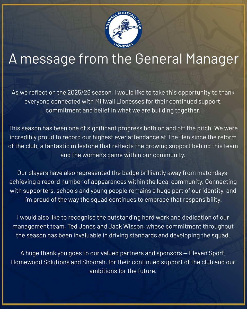Millwall_LFC's tweet photo. 💭 A message from #Millwall Lionesses General Manager Jason Vincent reviewing the 2025/26 campaign. https://t.co/YvOxdPo77a