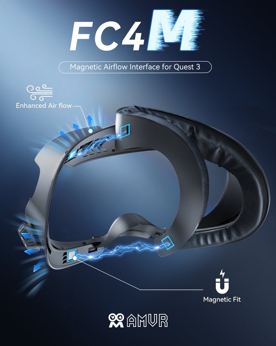 AMVR_OFFICIAL's tweet photo. What’s M? It stands for Magnetic ⚡️
✅Magnetic Fit – easy install, perfect fit 
✅Dual-Sided Cushion – soft leather and ice silk ✅Ventilated Bracket – keeps you cool 
✅Twist Knob – adjustable, glasses-friendly 
✅Soft Nose Pad – blocks light, immersive VR
#AMVR #Quest3 #FC4M https://t.co/zlu2ZE4fr8