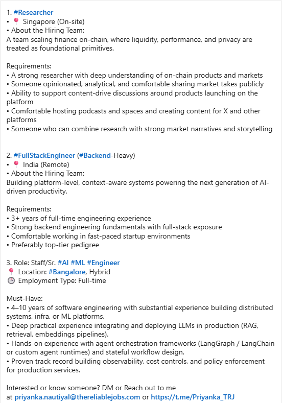 Priyanka_web3's tweet photo. @TheReliableJobs  

We’re partnering with our client teams to support their hiring needs and help them find the right talent. #Hiring

1. #Researcher
2. #FullStackEngineer (#Backend-Heavy)
3.  Role: Staff/Sr. #AI #ML #Engineer https://t.co/smERzwrwFT