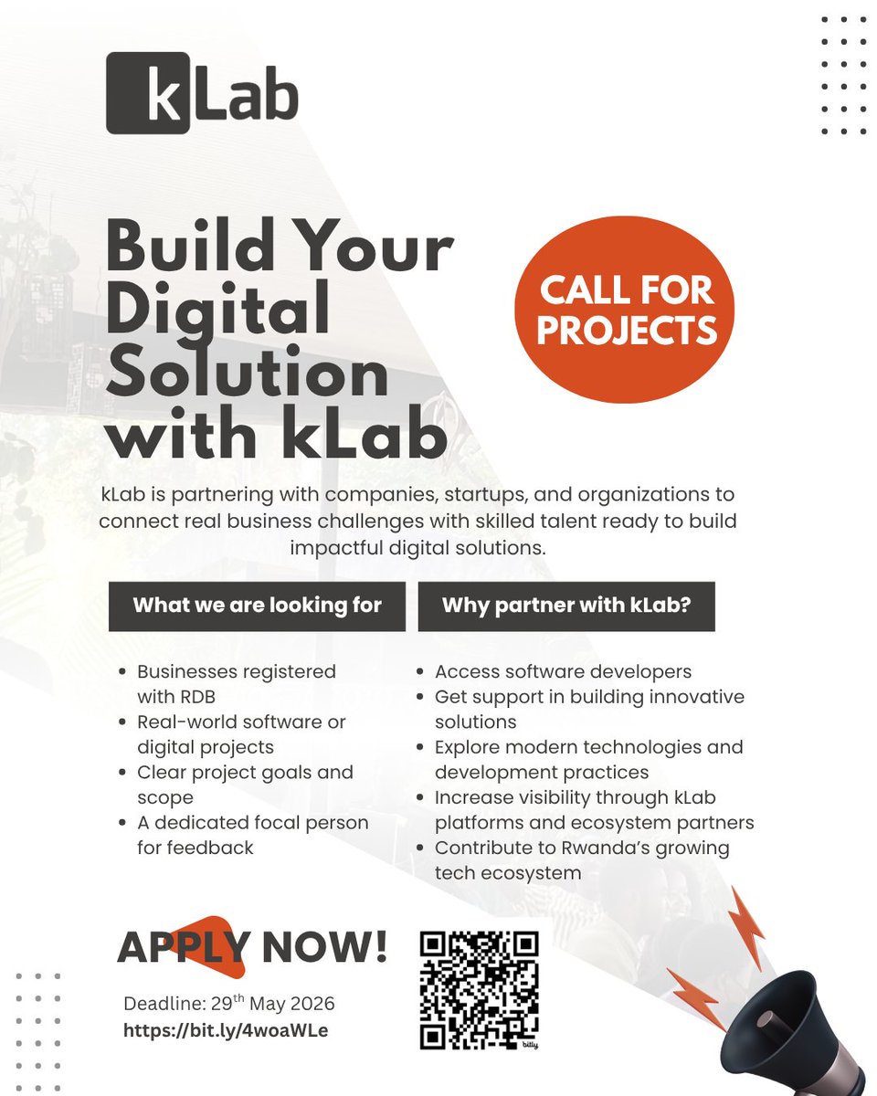 klabrw's tweet photo. Have a digital project you want to bring to life?

kLab is inviting companies, startups, and organizations to submit real-world projects for development through our innovation programs. Connect your project with innovative talent while contributing to Rwanda’s growing tech ecosystem.

✔️ Software & digital solutions
✔️ Skilled development teams
✔️ Real business impact

Apply now: https://t.co/d6dVFafvM9

#kLabRwanda