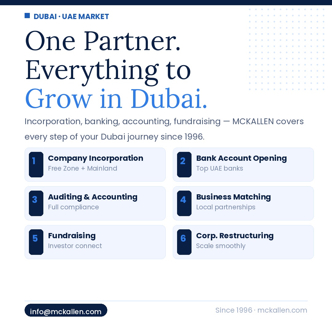 MckAllen_'s tweet photo. 🇦🇪 Expanding to Dubai? MCKALLEN is your one-stop partner.
✅ Incorporation 
✅ Banking 
✅ Auditing 
✅ Fundraising &amp; more

28+ years | 3,500+ clients | 16+ jurisdictions

🌐 https://t.co/2aBBPb5BjR 
📩 info@mckallen.com
#DubaiBusiness #UAEIncorporation #McKallen https://t.co/yZgp0hI9pw