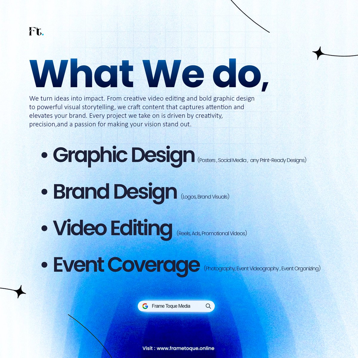 frametoque's tweet photo. At Frame Toque, we don’t just create, we bring your ideas to life. 

#FrameToque #CreativeStudio #EventCoverage #LiveStreaming #Videography #Photography #GraphicDesign #PrintDesign #VisualStorytelling #DesignYourVision #CreativeJourney #CaptureTheMoment #DesignYourDreams https://t.co/n6k2GeAwI7