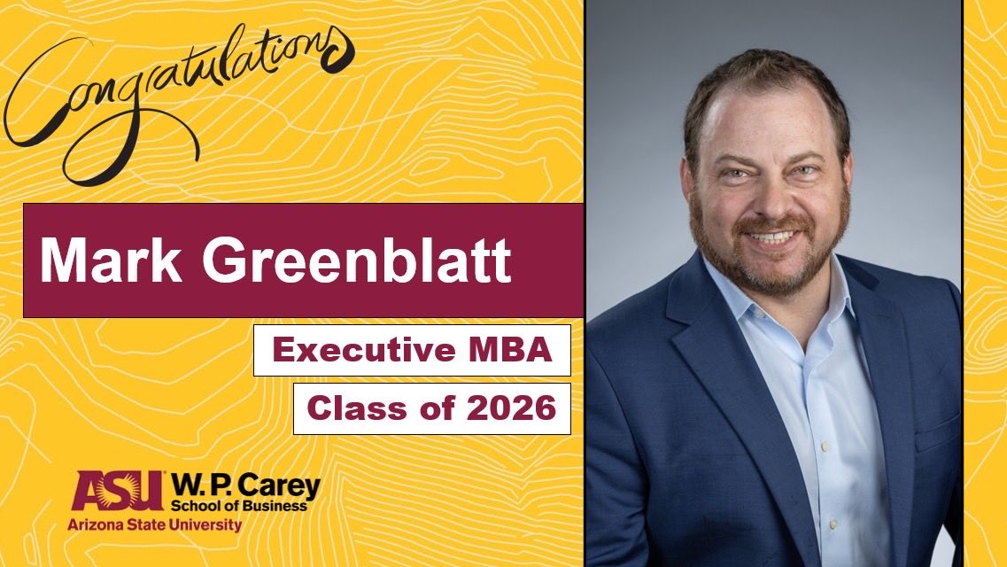 greenblattmark's tweet photo. Two years ago I committed to something hard &amp; today I graduate. The @WPCareySchool Executive MBA transformed how I think about the future while surrounding me with new, inspiring friends for life.
The best part? It’s just getting started.
#ExecutiveMBA #ASU #WPCarey #ClassOf2026 https://t.co/pgwrT2sGVM