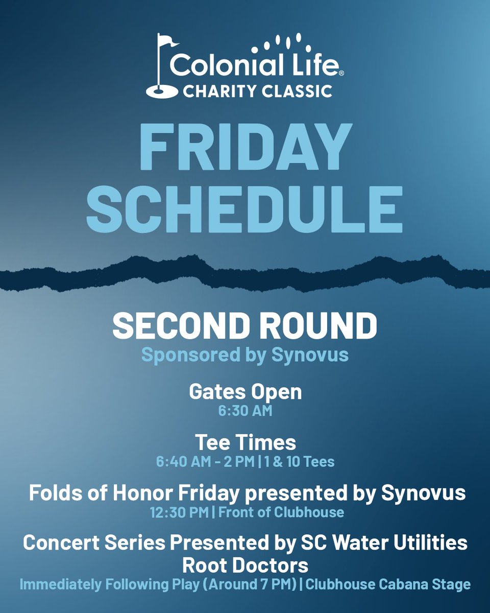 ColonialLifeCC's tweet photo. Friday's Schedule‼️

Join us for the Second Round sponsored by Synovus today at The Woodcreek Club! Gates open at 6:30 AM and the pros tee off at 6:40 AM! ⛳️  

🏌️ Pairings: https://t.co/BZjXaz6uGI
📊 Live Scoring: https://t.co/mLXSF9NhFd
🎟️ Tickets: https://t.co/wTmbUZxaKh https://t.co/h5rBgYepls