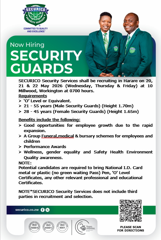 DrDNdhlukula's tweet photo. SECURICO Security Services shall be recruiting in Harare on 20, 21 & 22 May 2026 (Wednesday, Thursday & Friday) at 10 Millwood, Workington at 0700 hours.
Requirements
Ø ‘O’ Level or Equivalent.
Ø 21 - 55 years (Male Security Guards) (Height 1.70m)
Ø 28 - 45 years (Female Security Guards) (Height 1.65m)