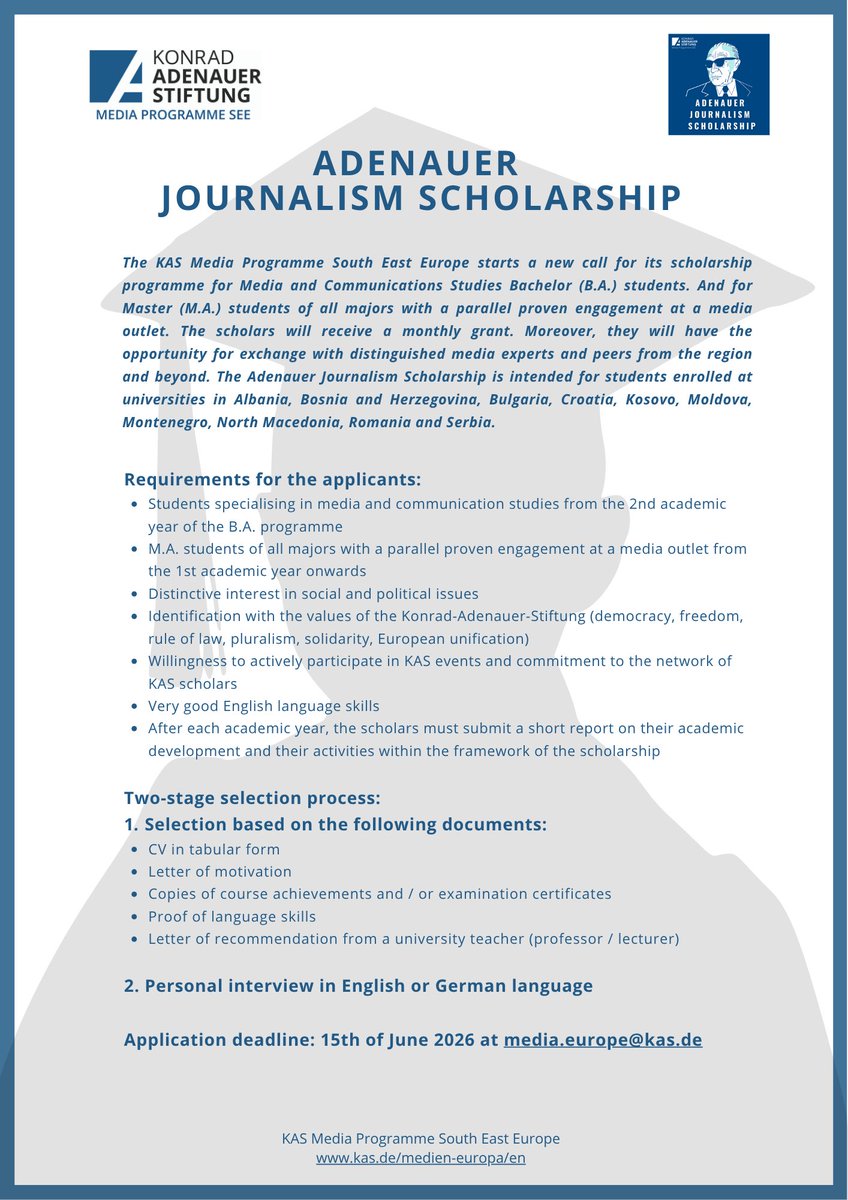 KASmediaSEE's tweet photo. ‼️ Applications for Adenauer Scholarships are now open ‼️
🎓 We have just started our call for the winter semester 2026/2027. The scholarship is intended for B.A. Media and Communication Studies and M.A. students (enrolled at universities in Albania, Bosnia and Herzegovina, Bulgaria, Croatia, Kosovo, Moldova, Montenegro, North Macedonia, Serbia and Romania) of all majors with а parallel proven engagement at a media outlet. Apply now at media.europe@kas.de. Application deadline is 15.06.2026.