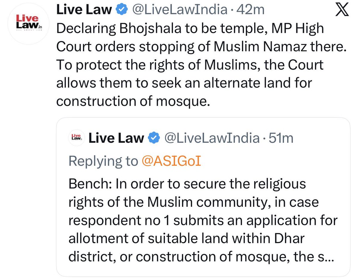 tathvamasi6's tweet photo. It’s a huge victory for Hindus.💪🏼💪🏼👌🏼👏🏼👏🏼

Bhojshala is declared Hindu temple and all Muslim’s activities are ordered to be stopped.

Ayodhya ✅
Bhojshala ✅
Kashi Mathura Next.

Huge thank you to @Vishnu_Jain1 ji 😍🙏🏼 https://t.co/M9WOOloZUO