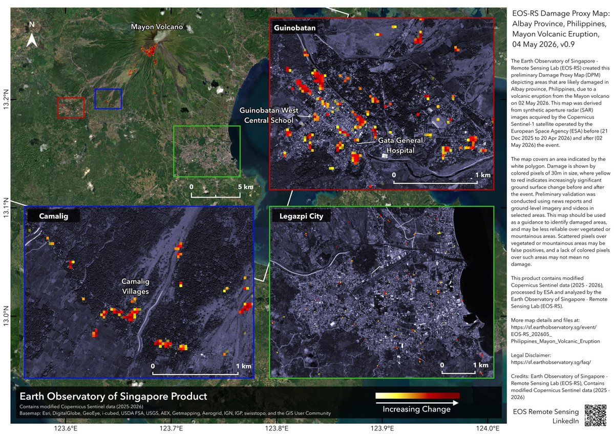 Sentinel_Asia's tweet photo. On 2 May 2026 (UTC), following the eruption of Mount Mayon, @Sentinel_Asia was activated at the request of  #PHIVOLCS . Information has been uploaded to the Sentinel Asia website.
https://t.co/Gb46pkZ5G4
Map produced by #EOS https://t.co/bZbIjoE7Mr