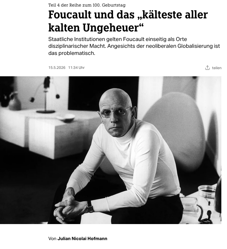 JulianNHofmann's tweet photo. In der taz durfte ich den 4. Teil der Reihe zu Foucaults 100. beitragen.
Es geht um Foucaults Kritik politischer Institutionen und die Folgen einer »staatskritischen Konstellation«, in der sich Teile der politischen Linken seitdem verfangen haben.

https://t.co/a9lxNETiJ1 https://t.co/9U0dDHoihT