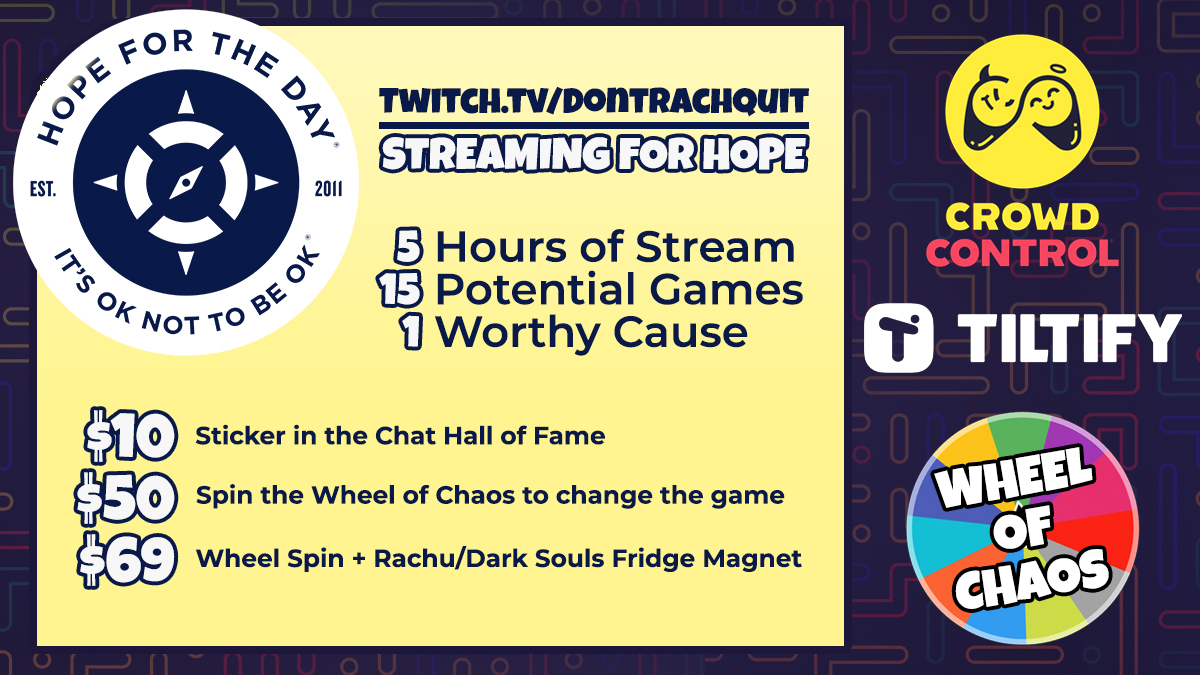 DontRachQuit's tweet photo. Our Charity stream begins NOW!
🔴 Streaming for 5 hours
💰 Fundraising for @HopeForTheDay 
🎡 Donate to spin the Wheel of Chaos
🌟 Earn HoF stickers &amp; limited merch
@Loadscreengg #HFTD #Ad https://t.co/k1rqSsayYP