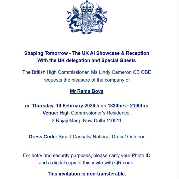 DeepInfinityAI's tweet photo. Honoured to attend “Shaping Tomorrow – The UK AI Showcase &amp; Reception” hosted by the British High Commissioner, Ms Lindy Cameron CB OBE, at the High Commissioner’s Residence in New Delhi - Feb 2026. https://t.co/K57znmqOpG