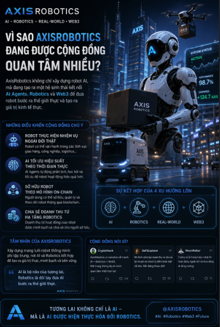 condalap_e's tweet photo. Điều khiến cộng đồng chú ý đến @AxisRobotics không chỉ là “robot AI”, mà là cách dự án đang kết nối nhiều xu hướng lớn vào cùng một hệ sinh thái:
• AI Agents
• Robotics
• Real-world automation
• Web3 ownership
Trong khi nhiều dự án chỉ tập trung vào mô hình AI hoặc token, AxisRobotics đang xây dựng câu chuyện gần với ứng dụng thực tế hơn:
robot không chỉ “thông minh”, mà còn có khả năng tham gia tạo ra giá trị kinh tế.
Đó là lý do cộng đồng bắt đầu bàn luận nhiều về các khả năng như:

🔹 Robot thực hiện nhiệm vụ ngoài đời thật
🔹 AI tối ưu hiệu suất vận hành theo thời gian thực
🔹 Sở hữu robot theo mô hình on-chain
🔹 Chia sẻ doanh thu từ hạ tầng robotics

Một điểm khác khiến AxisRobotics thu hút là hình ảnh thương hiệu khá rõ ràng:
futuristic, dễ nhận diện và bám sát narrative AI + Robotics đang rất nóng hiện nay.
Nếu AI là “bộ não” của tương lai,
thì robotics có thể là “đôi tay” thật sự đưa AI bước ra thế giới thực. 🤖🚀

Và đó chính là lý do AxisRobotics đang được cộng đồng theo dõi ngày càng nhiều.