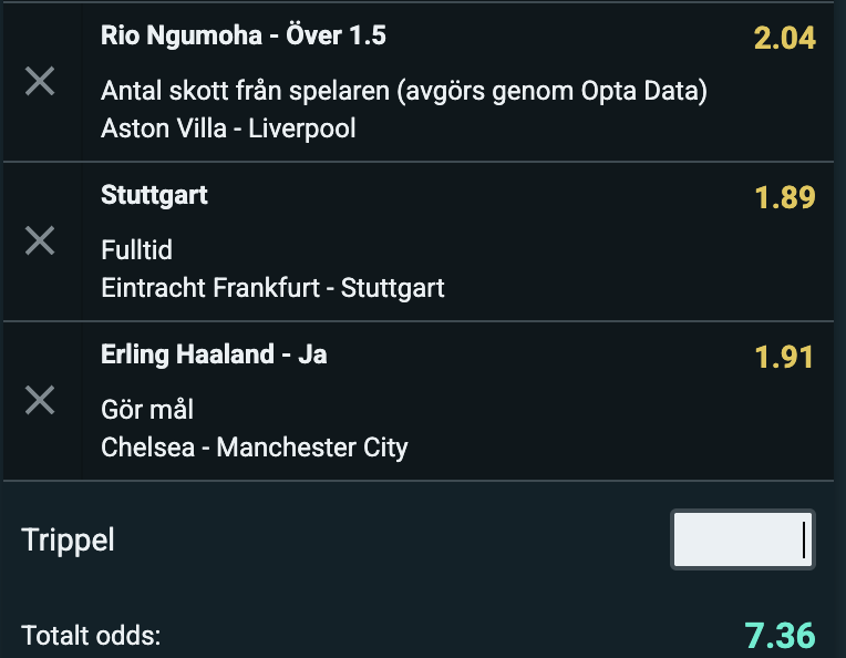 FritzTippar's tweet photo. Tre spel ute på @Bettingstugan 

Detta blir helgens trippel. Händer alltid mycket kring Rio, Stuttgart måste vinna och en utvilad Haaland gör mål. 7.36 gånger såsen känns som ett okej odds för dessa utfall! https://t.co/YkYlF3Y01o