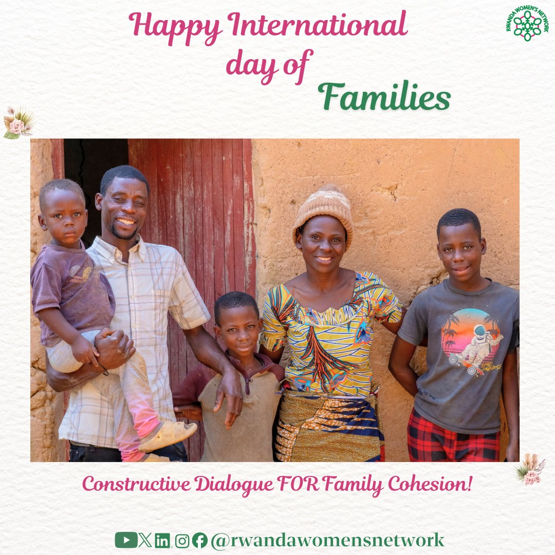 RWN_WomenNet's tweet photo. Happy International Day of Families!
Families grow stronger when people talk, listen, and support one another. Through our Women Safe Spaces, families are learning to communicate better, resolve conflicts peacefully, and grow together with understanding and respect. Today, we celebrate the role of dialogue in creating peaceful homes and stronger communities.

Umunsi Mwiza Mpuzamahanga w’Umuryango!
Imiryango irushaho gukomera iyo abayigize baganira, bumvikana kandi bafashanya.
Binyuze mu mbuga zacu z’abagore, imiryango irimo kwiga kuganira neza, gukemura amakimbirane mu mahoro no kubakana ubwumvikane n’ubwubahane.
Uyu munsi turizihiza uruhare rw’ibiganiro byiza mu kubaka ingo zitekanye n’imiryango ikomeye.

@RwandaLocalGov 
@UNTrustFundEVAW
@GBVnet
@unwomenrwanda
@ProfemmesTH
@GenderMonitorRw
@RwandaGender
@trocaire
@medicamondiale
@KvinnaKvinnaINT
@unwomenrwanda
@AFD_France
@ambafrancerwa
@womenstrongintl
@FemnetProg
@balikungerii
@GBVnet
@WomenforWomen
@giz_rwanda