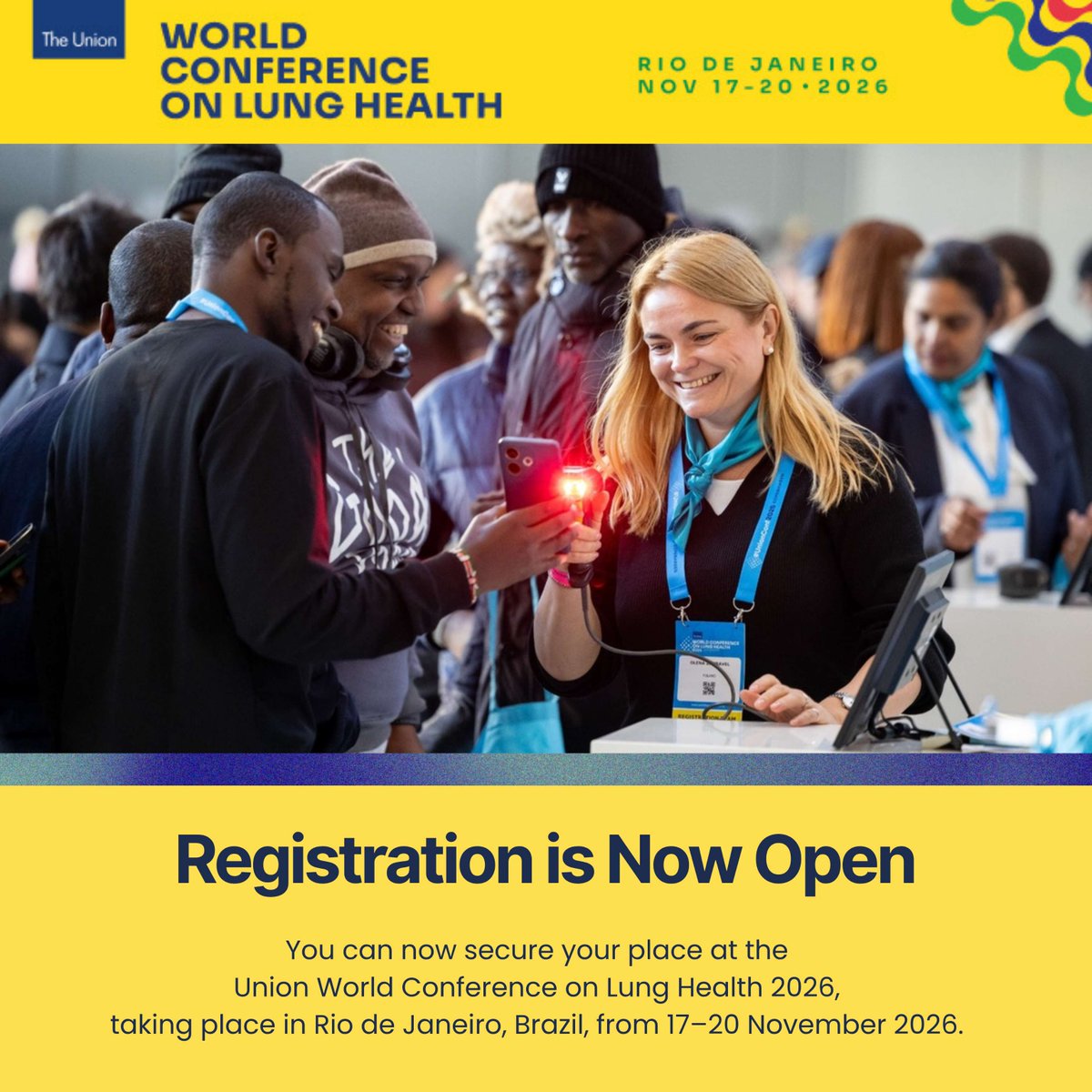 UnionConference's tweet photo. The global lung health community is heading to Rio 

Registration is now open for the Union World Conference on Lung Health 2026, taking place 17–20 Nov in Rio de Janeiro 

🎟️  https://t.co/Azr4RZ5PGx

#UnionConf2026 #LungHealth https://t.co/3fdumanQsv