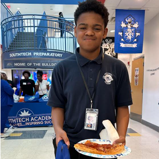 southtechprep's tweet photo. #SouthTechPrep is thrilled to honor our amazing 8th grade students who applied to #SouthTechAcademy! 🥳 To recognize these students' commitment to their futures, we hosted a weekly raffle, and the winners were treated to pizza and #SouthTech swag! 🍕🎁 #southtechprime https://t.co/vAtOOXW87n