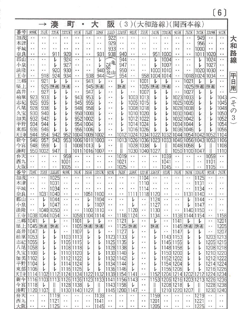 棚からひとつかみ】 1993.3.18改正の大和路線時刻表から日中の抜粋を