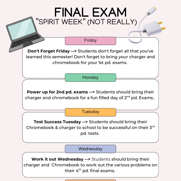 hth_titans's tweet photo. Good luck on your 1st Pd.Exams, Titans!!!! Don't forget your Chromebook and charger. After today's exams &amp; lunch, you will report to 2nd pd. 

Students should return their Chromebook&amp; charger on the day of their last exam. https://t.co/9zpeZK25vC