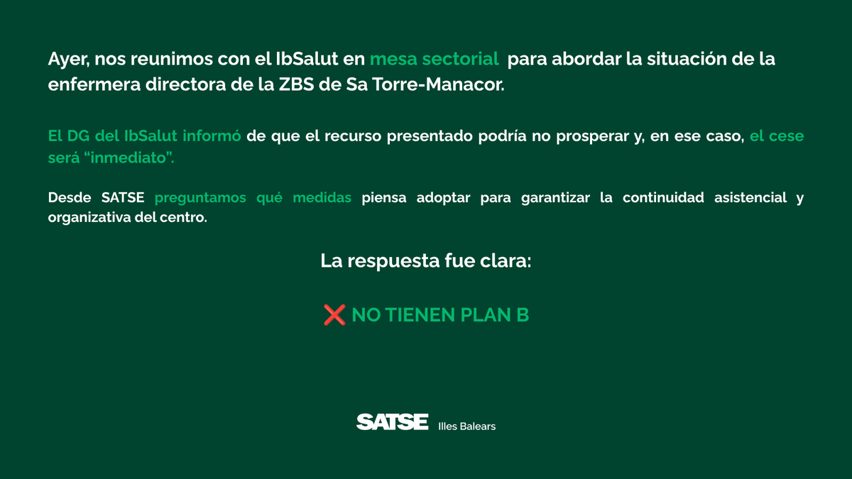 SATSE_Baleares's tweet photo. Ayer, en mesa sectorial urgente con el IbSalut, constatamos una realidad preocupante: no existe un plan para proteger el liderazgo de las enfermeras ante la situación de la ZBS de Sa Torre-Manacor 
¡Desde SATSE decimos basta!

@inforcabaleares https://t.co/8UKcy9JQCX