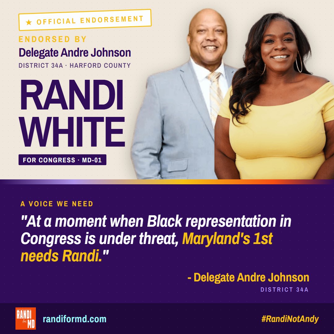RandiforMD's tweet photo. HAPPY FRIYAY!!

With the release of The New Plan (https://t.co/Y0Q3stvrZY) this week, we have some other news!

It's with GREAT HONOR that I drop another endorsement. This time from the REMARKABLE Delegate Andre Johnson:

"I'm endorsing Randi White for Congress in Maryland's 1st District. Her dedication to the Home Team runs throughout MD-01. We are at a critical time in history and it requires someone bold and unafraid to fight for our basic rights in Congress. She has a full plan on healthcare, education, housing, and the other fights that need a real partner at the federal level for District 34A and beyond. At a moment when Black representation in Congress is under threat, Maryland's 1st needs Randi. I'm with her, and I'm asking you to be, too!”

Make some noise, HOME TEAM! LET'S GOOOOO!!!!! #AllofUsforAllofUs #RandiNotAndy #Edgewood #MD01 #fyp