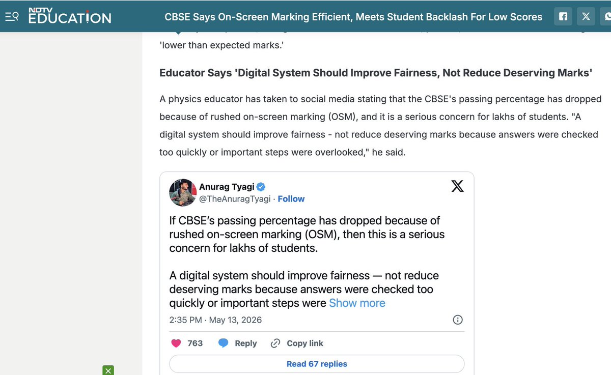 TheAnuragTyagi's tweet photo. आज अच्छा लगा यह देखकर कि NDTV Education, Times of India और कई बड़े media houses ने CBSE Class 12th results पर छात्रों की आवाज़ को अपने articles में जगह दी।  

मेरे tweets को highlight करना सिर्फ मेरी नहीं, बल्कि उन लाखों students और parents की आवाज़ को सामने लाना है जो transparency और fair evaluation की मांग कर रहे हैं। ❤️

जब बच्चे अपने marks से ज्यादा system पर सवाल उठाने लगें,  
तो सुनना बहुत ज़रूरी हो जाता है।

आशा है कि यह चर्चा सिर्फ headlines तक सीमित न रहे,  
बल्कि education system में real improvement ho !

@ndtveducation @timesofindia