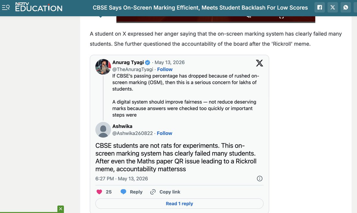TheAnuragTyagi's tweet photo. आज अच्छा लगा यह देखकर कि NDTV Education, Times of India और कई बड़े media houses ने CBSE Class 12th results पर छात्रों की आवाज़ को अपने articles में जगह दी।  

मेरे tweets को highlight करना सिर्फ मेरी नहीं, बल्कि उन लाखों students और parents की आवाज़ को सामने लाना है जो transparency और fair evaluation की मांग कर रहे हैं। ❤️

जब बच्चे अपने marks से ज्यादा system पर सवाल उठाने लगें,  
तो सुनना बहुत ज़रूरी हो जाता है।

आशा है कि यह चर्चा सिर्फ headlines तक सीमित न रहे,  
बल्कि education system में real improvement ho !

@ndtveducation @timesofindia