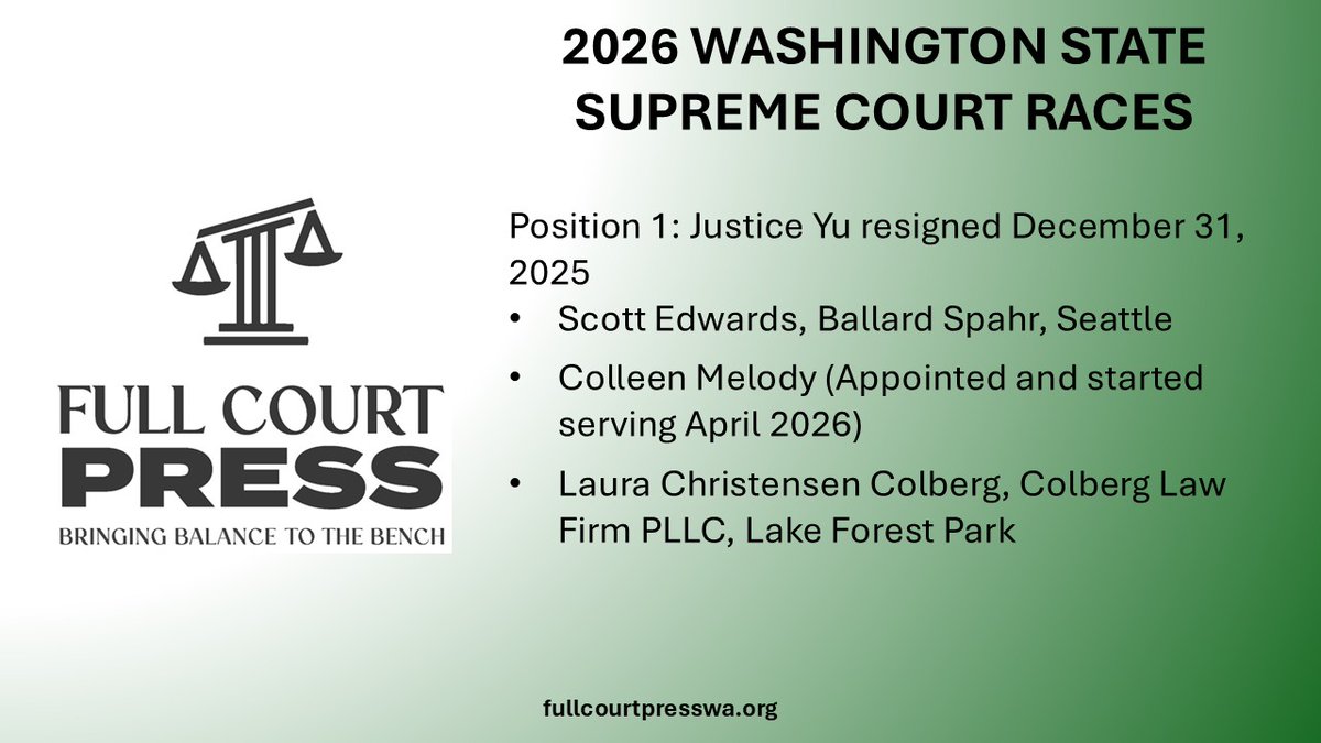 FullCourtWA's tweet photo. ⚖️ The field is officially set for a rare Washington State Supreme Court election cycle this fall.

For only the second time in modern history, 5 of the 9 Supreme Court positions will appear on the ballot.

What makes this year especially unusual:

Only one incumbent is running - the Chief Justice
Two open seats - highly uncommon at this level
Two recently appointed justices running for the first time

These dynamics make this one of the most consequential judicial elections in recent state history and could shape the future direction of the court for years to come.

Here’s a look at the candidates who have officially filed with the Secretary of State:👇