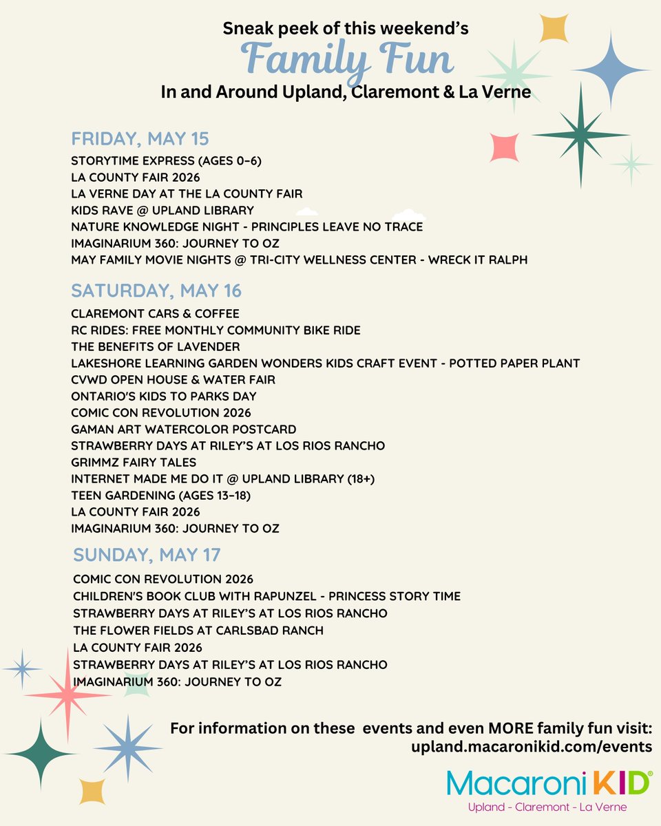 MacKidUpland's tweet photo. This weekend is packed with family fun 🎉

Comic Con Revolution, Strawberry Days, Cars &amp; Coffee, Princess Story Time, LA County Fair &amp; more happening around Upland, Claremont &amp; La Verne.

See the full calendar:
https://t.co/iwYDld2OfC https://t.co/weBw5ireBB