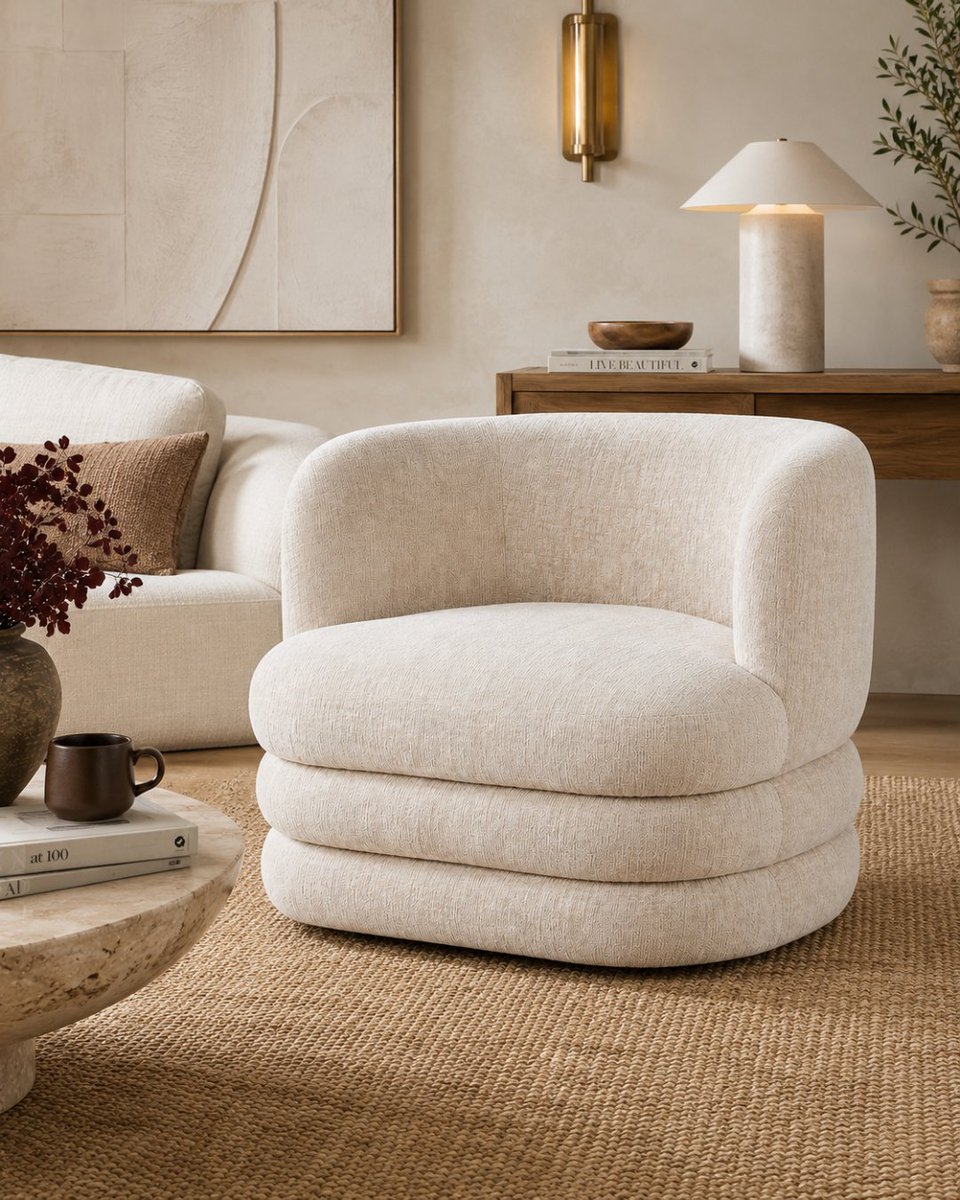 decomarche's tweet photo. Neutral, sculptural, and made to move. The beige polyester arched swivel living room accent chair brings texture, comfort, and a modern silhouette into any styled space.

Where would you place this accent chair? Reply with your room choice or visit our website to explore more. https://t.co/nBBYGzfzWt
