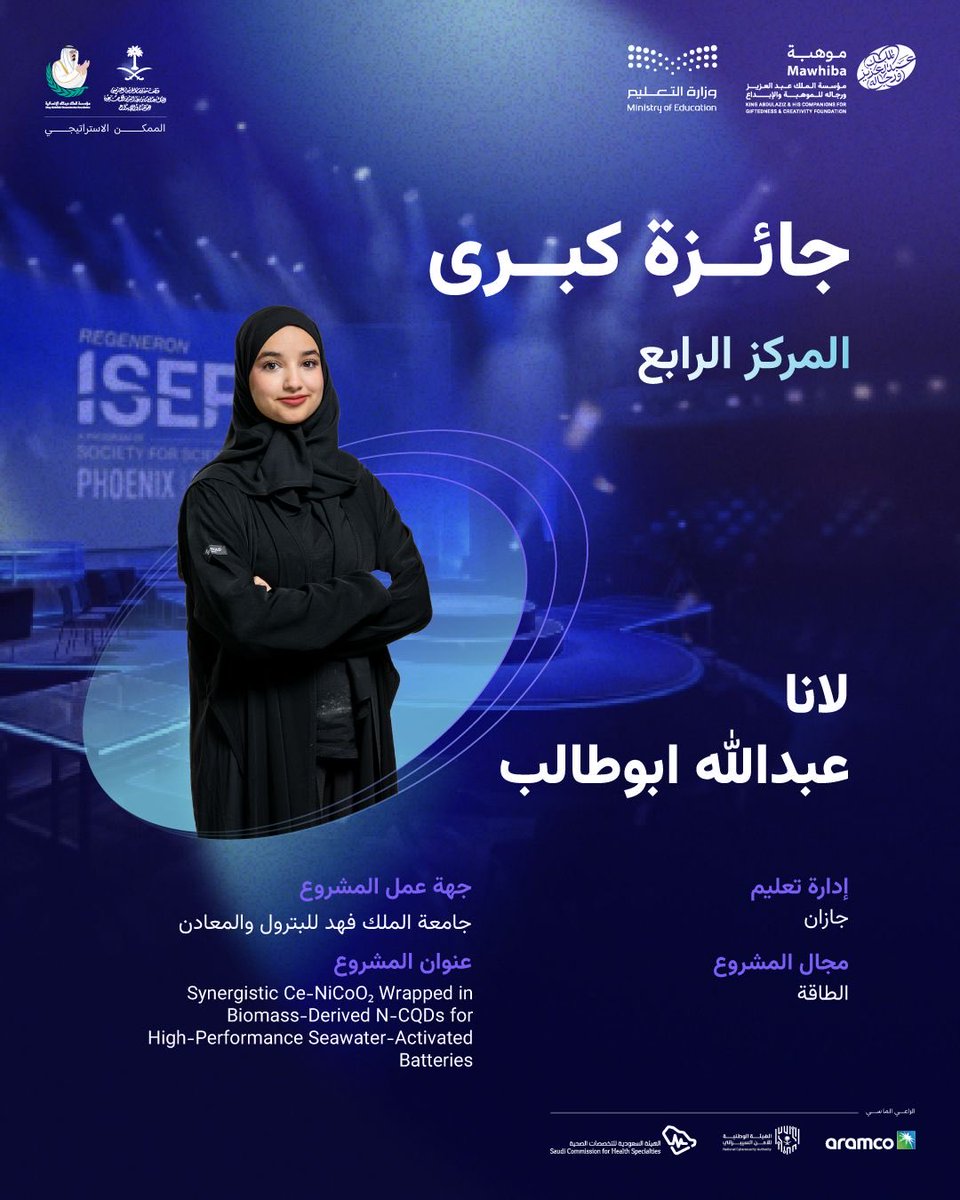 mawhiba's tweet photo. 🎉🏆🎉 

نبارك للطالبة لانا عبدالله أبو طالب من إدارة تعليم جازان @MOE_JZN حصولها على المركز الرابع في #آيسف_2026 عن مشروعها النّوعي في مجال الطاقة.

#عقول_تمثل_الوطن https://t.co/Jy3lxN0vZi