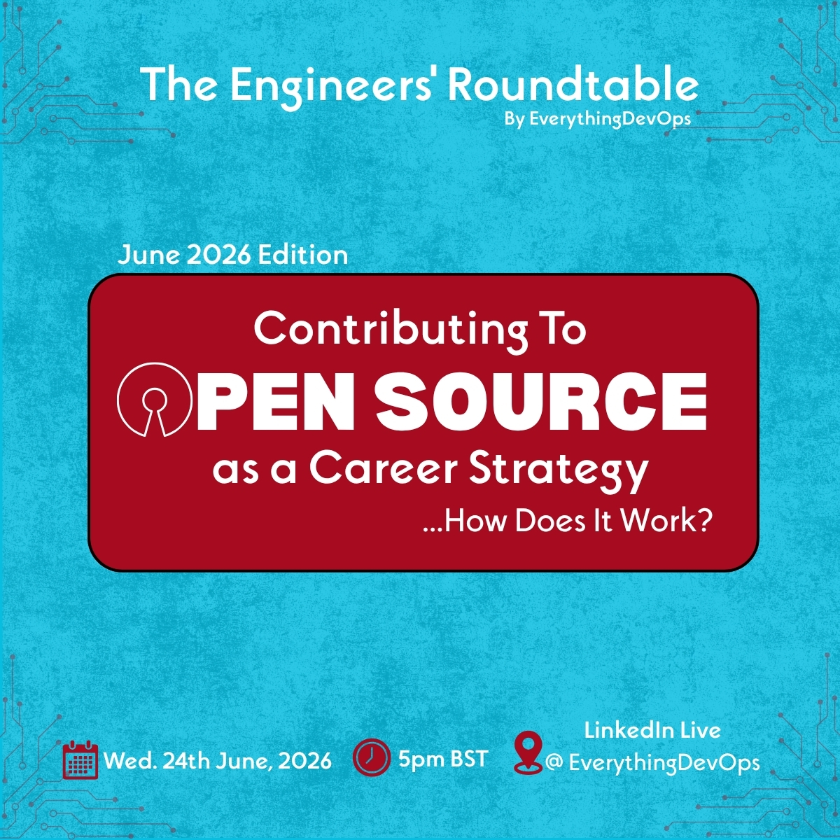 evrythingdevops's tweet photo. 1,120,000,000 contributions were made to open source projects on GitHub in 2025. 

36,000,000 new developers joined the platform that same year. 

Open source is no longer just a side project for the passionate few. 

It's the most publicly verifiable portfolio you can build. 

One that a hiring manager can read, review, and respect before they ever open your CV.

This June on The Engineers' Roundtable, we're having the real conversation: 

Contributing To Open Source as a Career Strategy – How Does It Work?

Where do you start? 

What do you contribute? 

And how do you make sure the right people see your work?

📅 Wed. 24th June 2026
🕑 5pm BST 
📍 LinkedIn Live @EverythingDevOps 

Register here:  https://t.co/QSQdoSPoB7

🔁 Repost to help a developer in your network who needs to hear this.

Follow @evrythingdevops for more