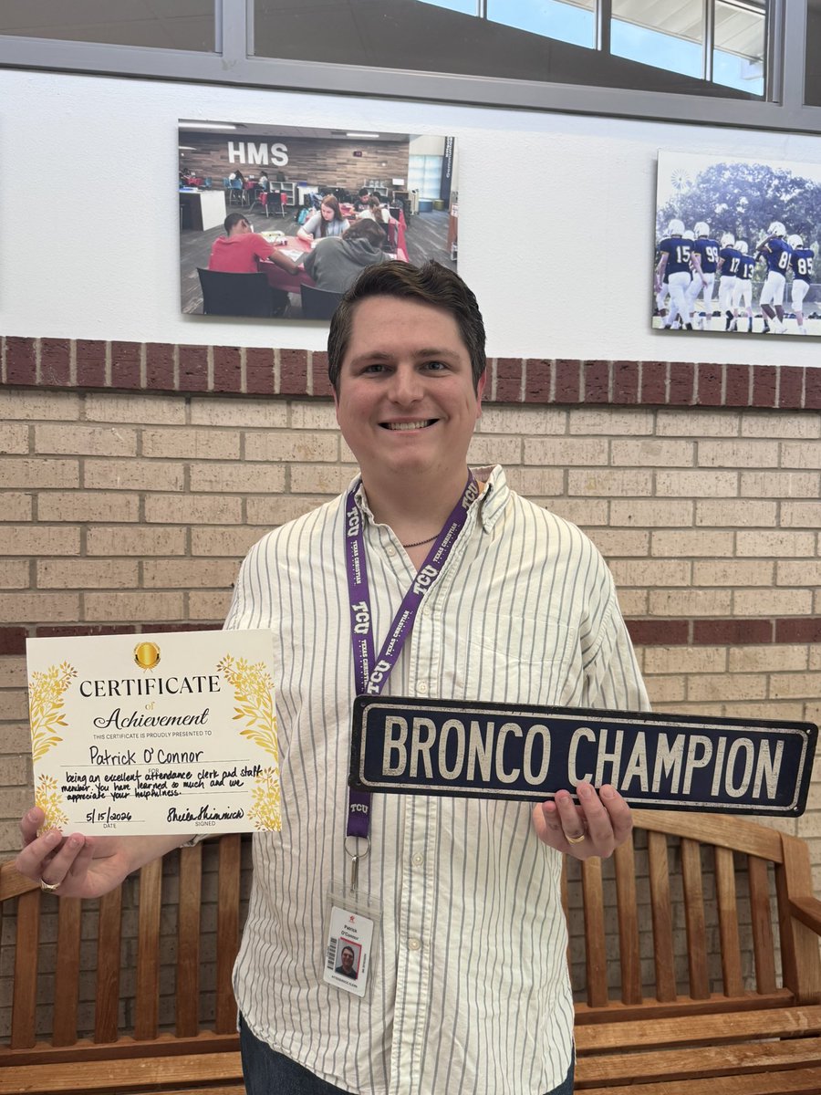 HMSShimmick's tweet photo. Congrats to Mr. O’Connor for being a Bronco Champion of the Week! He is helpful and always positive in the front office. We appreciate what you do at HMS! 💙💛 @HeritageBroncos #BroncoChampion https://t.co/NKuVzOoHeu
