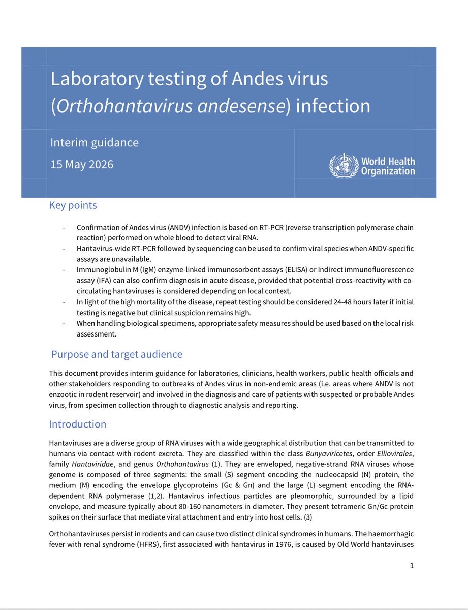 Chikwe_I's tweet photo. 🆕📢 @WHO interim guidance for laboratory testing of Andes virus infection

Critical guidance issued to help countries test &amp; diagnose #hantavirus.

https://t.co/36Pu2Xh4pe https://t.co/n4z83YvUIg