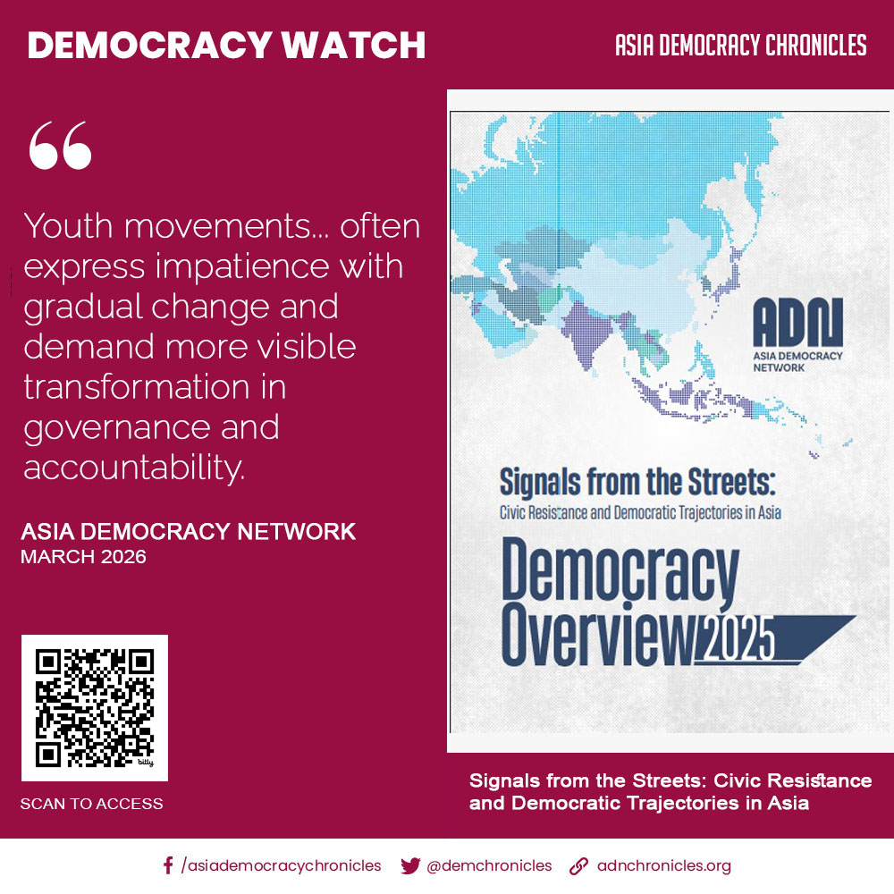 demchronicles's tweet photo. The 2025 Democracy Report Overview from Asia Democracy Network, titled "Signals from the Streets: Civic Resistance and Democratic Trajectories in Asia," examines youth-led democracy movements in five countries in Asia: Bangladesh, Indonesia, Mongolia, Nepal, and the Philippines. https://t.co/L1vmjkzwtR