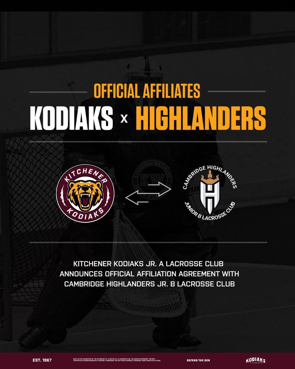 KodiaksJrA's tweet photo. The Kitchener Kodiaks Jr. A Lacrosse Club is proud to announce our official affiliation with the Cambridge Highlanders Jr. B Lacrosse Club.

This partnership represents an exciting step forward in strengthening the development pathway for lacrosse players in our region. https://t.co/IrQ8q821GB