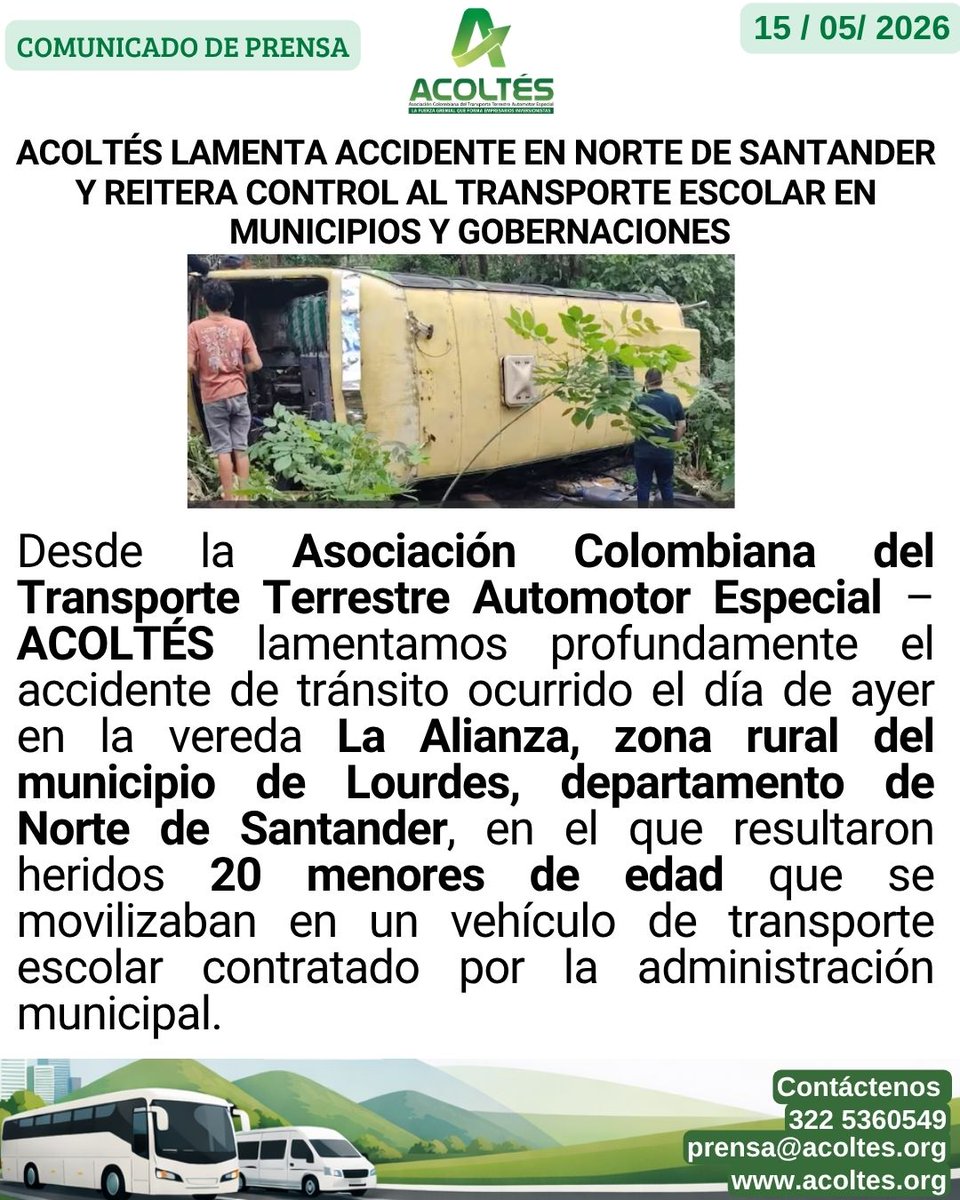 Acoltes's tweet photo. Lamentamos profundamente el accidente ocurrido en Lourdes, Norte de Santander.
Este hecho reafirma la importancia de contratar empresas de Transporte Especial legalmente habilitadas y fortalecer la regulación del sector para proteger la vida de nuestros niños.
#SeguridadVial https://t.co/Q5VZXmLlaM