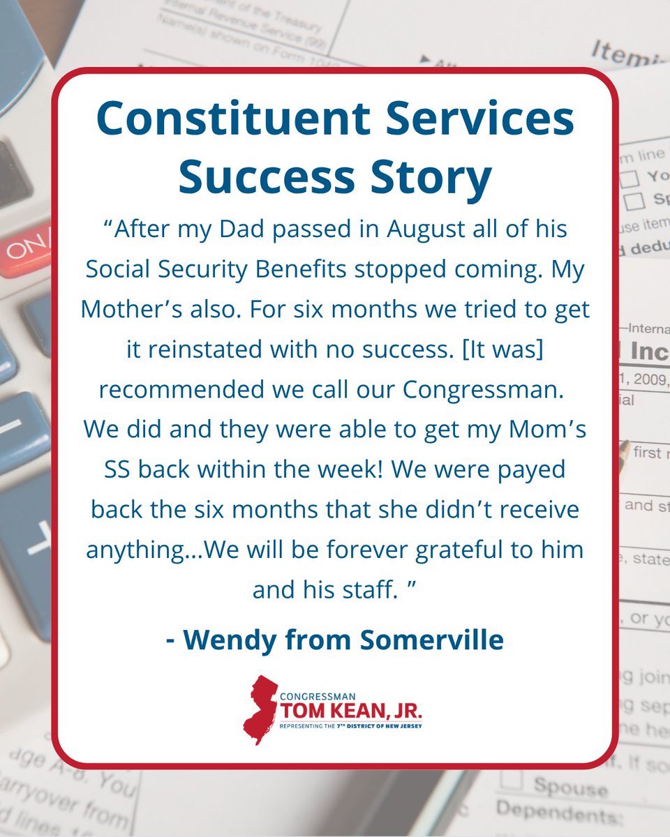 CongressmanKean's tweet photo. When Wendy reached out after her mother's Social Security benefits ended following the death of her father, my office contacted the Social Security Administration on her behalf and helped quickly restore her mother's benefits.

If you are having trouble navigating a federal agency, please don't hesitate to reach out at https://t.co/C4xOu9DHLr
