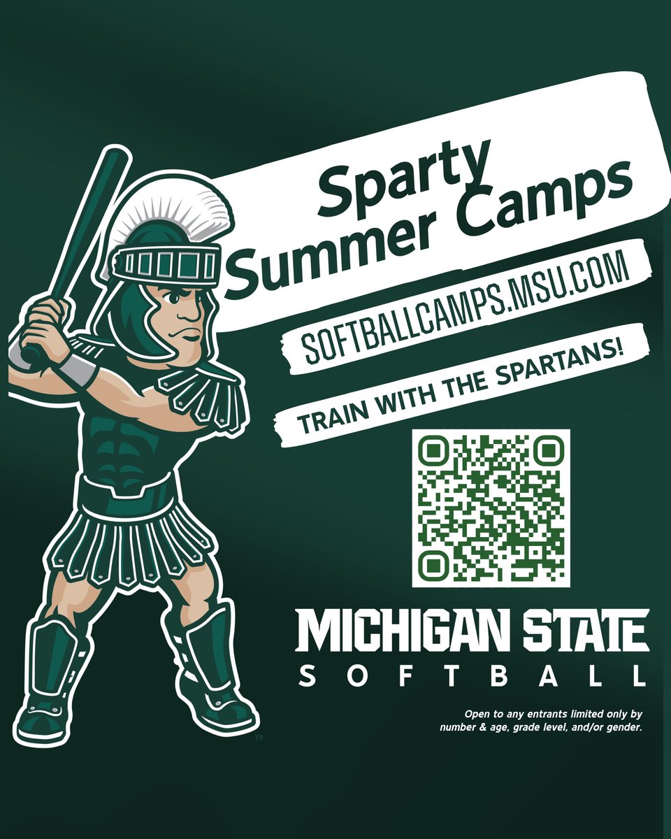 MSU_Softball's tweet photo. 🚨🚨Registration is still open for Michigan State Softball Summer Camps! Limited spots are left, so sign up soon to secure your spot today! 
Follow the below link or the QR code pictured to register!

https://t.co/YK8joGsvMl https://t.co/AwvRkgqZ0R