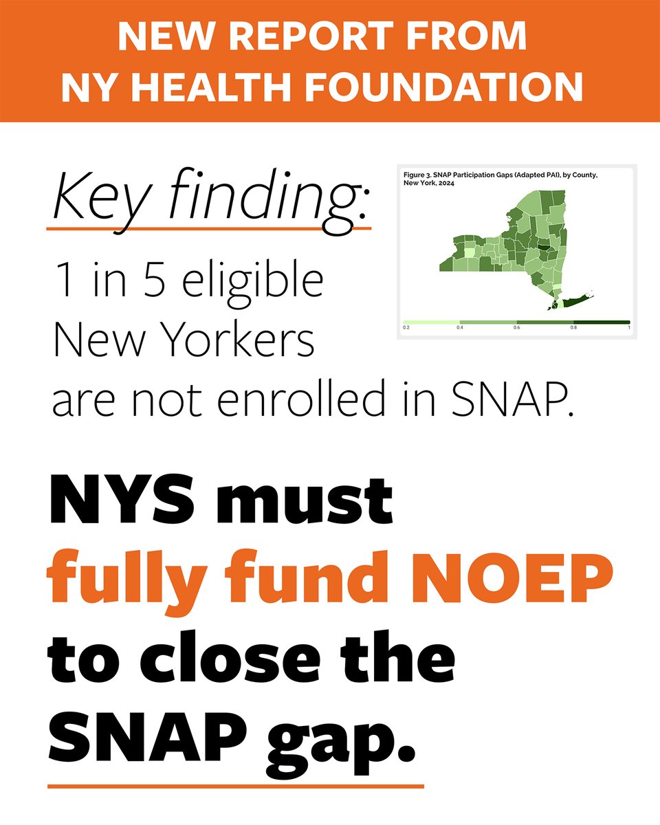 NewYorkHunger's tweet photo. A NY Health Foundation report finds that over 1 in 5 eligible NYers are not enrolled in SNAP, leaving billions in food assistance &amp; economic activity unrealized.

It highlights the vital role of NOEP SNAP navigators in closing that gap.

➡️Read more: https://t.co/xSSVA9sJQR https://t.co/mGxxrAUb0S