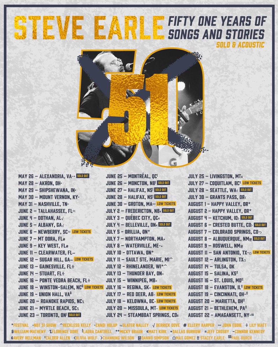 SteveEarle's tweet photo. Steve is excited to announce the supporting acts for his Fifty One Years of Songs and Stories Solo &amp; Acoustic summer tour.

Tickets are on sale now at the link below!

https://t.co/75Dedss5fb https://t.co/d7gKObV6nO