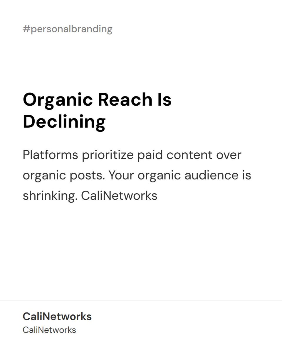 CALI_NETWORKS's tweet photo. Organic social reach is declining. Platforms prioritize paid over organic. The fix: pair organic credibility with paid amplification to reach qualified audiences beyond your followers. https://t.co/GEkkZTuZ1s #SocialMedia #PaidSocial https://t.co/A9fpUmLBMK