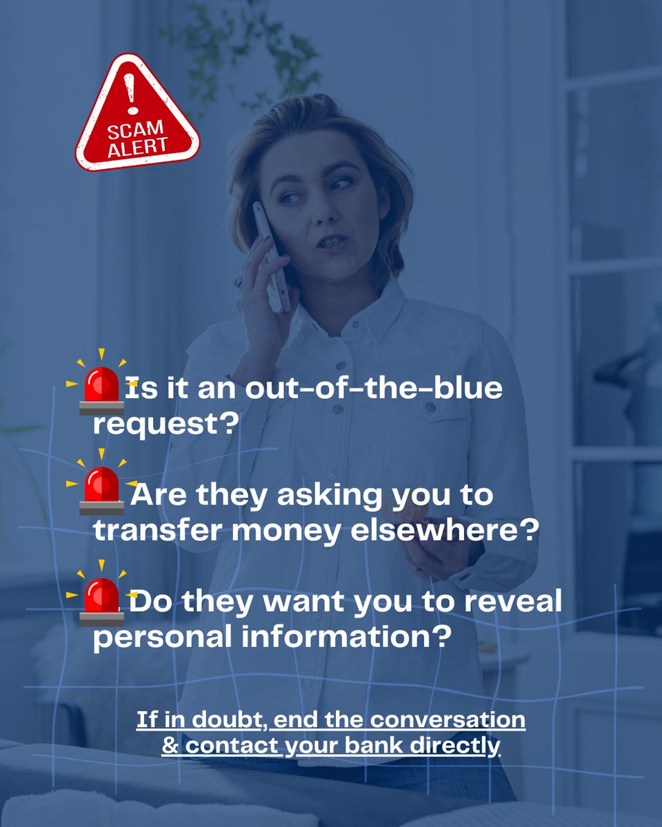 RiversideCU's tweet photo. How to spot scams:

Is it an out-of-the-blue request? 🤔

Are they asking you to transfer money elsewhere? 🛑 

Do they want you to reveal personal information? 🚫 

If in doubt, end the conversation &amp; contact your bank directly.

https://t.co/Bj6FFgYK48 https://t.co/X9j1aOfnhg