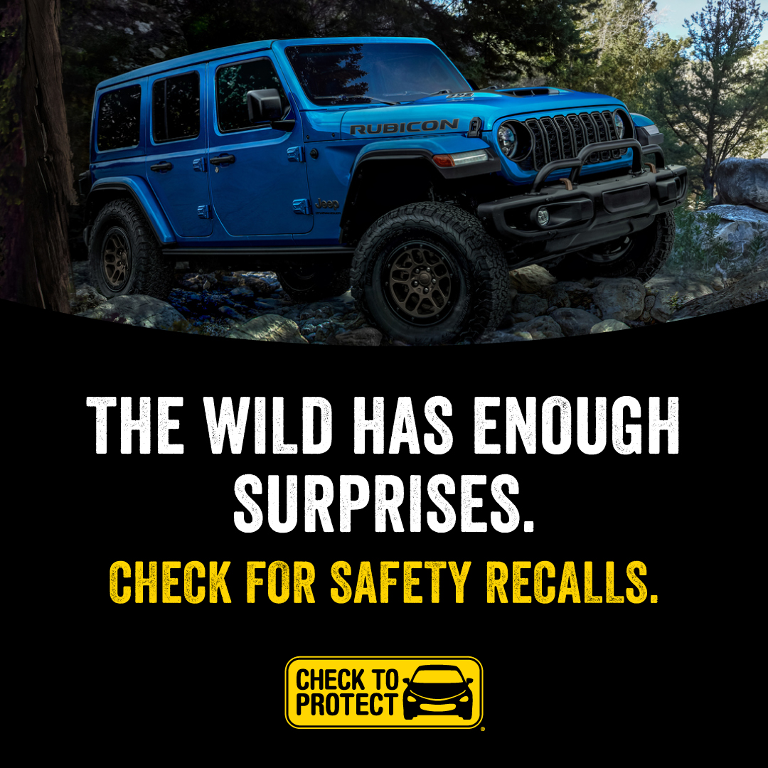 JeepCares's tweet photo. Going for a drive? Don't forget to check for recalls. 1 in 5 vehicles on the roads have an open safety recall. Make sure your vehicle isn't one of them by visiting https://t.co/7fGhjvLjOp. If your vehicle has a recall, repairs are FREE. #CheckToProtect #CheckForRecalls https://t.co/l6Qwj62y2t